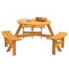 6-Person Outdoor Patio Fir Wood Round Picnic Dining Set with 3 Built-in Benches and Umbrella Hole - 2 of 4