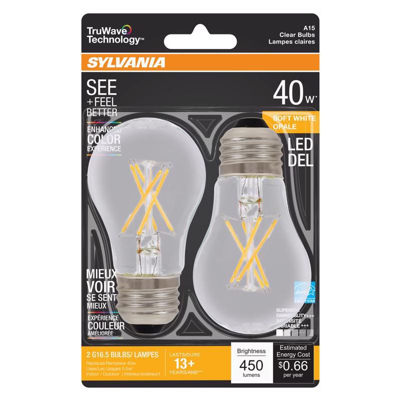Sylvania TruWave A15 E26 (Medium) LED Bulb Clear Soft White 40 Watt Equivalence 2 pk, 1 of 2