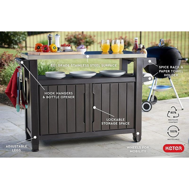 Keter Unity XL Outdoor Kitchen Island Rolling Cart Bar Table & Storage Cabinet, Grill Station with Utensil Hooks for Grilling Accessories, Brown, 4 of 7