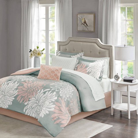 Madison Park Full Calla Complete Comforter Sheet Set - Blush/Gray: Microfiber Bedding Ensemble with Embroidered Details