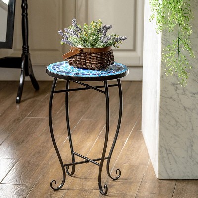 Blue Mosaic Round Glass Top Steel Accent Table
