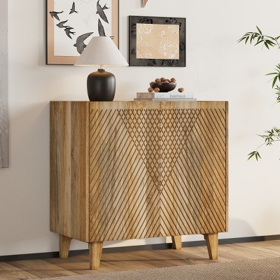 Small Rustic Mango Wood Accent Cabinet with Fluted Doors and Adjustable Shelf for Entryway or Living Room-The Pop Home