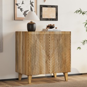 Small Rustic Mango Wood Accent Cabinet with Fluted Doors and Adjustable Shelf for Entryway or Living Room-The Pop Home - 1 of 4
