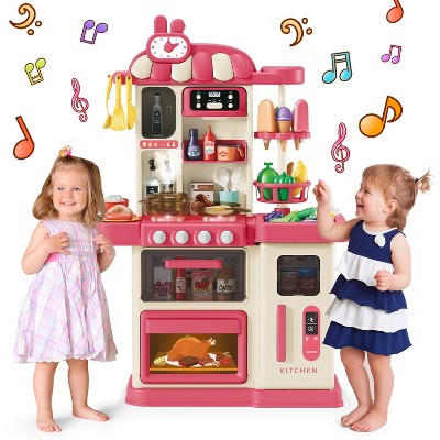 Skirfy 47PCS Kids Kitchen Playset,Play Kitchen Toy with Realistic Lights & Sounds,Pretend Steam, Play Sink & Oven