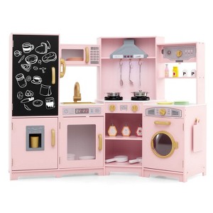 Safstar Corner Kids Play Kitchen Wooden Pretend Toy Kitchen w/ Realistic Lights PInk - 1 of 4