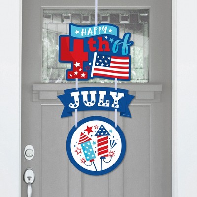 Big Dot of Happiness Firecracker 4th of July - Hanging Porch Red, White and Royal Blue Party Outdoor Decorations - Front Door Decor - 3 Piece Sign