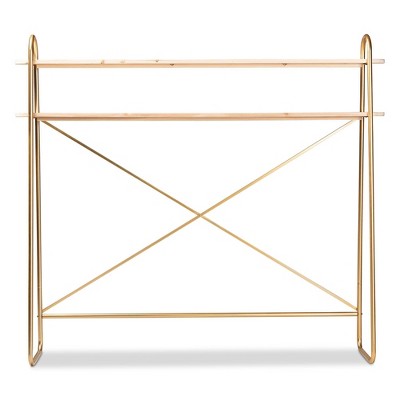 Merida Brushed Gold and Natural Brown Wood 2-Tier Queen Overbed Shelf