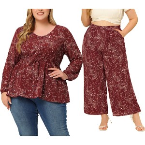 Women's Plus Size 2 Pieces Floral Button Up Puff Peplum Blouses and Casual Wide Leg Long Palazzo Pants Set - Agnes Orinda - 1 of 4