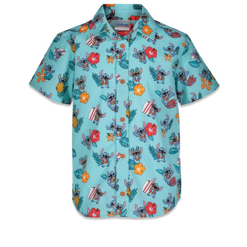 Disney Lilo & Stitch Mickey Mouse Lion King Simba Hawaiian Blue Button Down Shirt Little Kid to Big Kid, 1 of 8