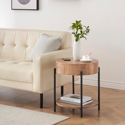 22'' Round Side Table, 2-Tier Small End Table with Open Shelf & Storage Drawer, Wooden Round Nightstand with Metal Legs for Bedroom, Living Room