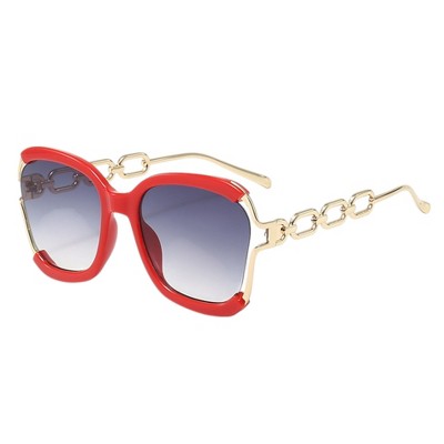 Anna-Kaci Oversized Square Sunglasses with Cutout Chain Link Arms and Glamorous Metal Trim