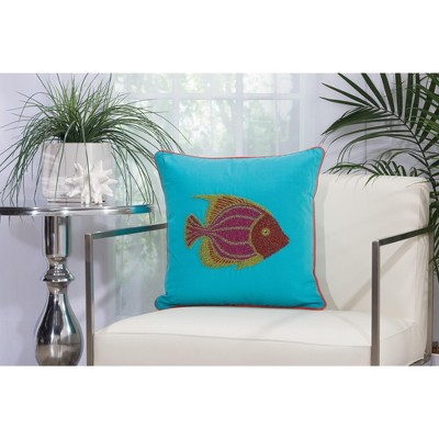 Mina Victory Beaded Fish Turquoise/Coral Outdoor Throw Pillow - 18" x 18"