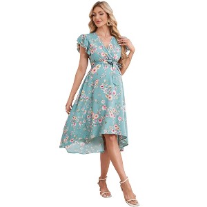BLUEMING Maternity Dress for Women Summer V Neck Dress with Flutter Sleeve Tie Wasit High Low Hemline Dress Maternity Wedding Guest Dress - 1 of 4