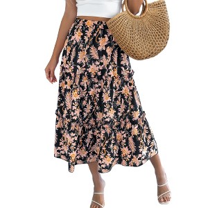Clearlove Women Summer Floral A-Line Midi Skirts High Rise Ruffle Tiered Baroque Print Skirts Flowy Sun Dress Beach Boho Vacation Outfits, Black - S