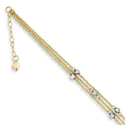 Black Bow Jewelry 14k Two Tone Gold Triple Strand Beaded Anklet, 9 Inch