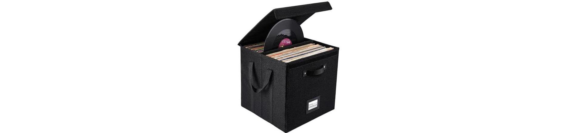 Set of 3 Vinyl Record Storage Boxes, Non-Woven Stackable Record Holder with Lid and Handles, LP Storage Organizer for Valuable Album Collection