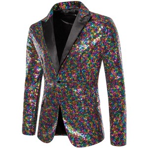 INSPIRE CHIC Men's Peak Lapel Color Block Shiny Sparkle Sequin Blazer - 1 of 4