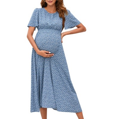 Women's Maternity Boho Ruffles Short Sleeve Dress Floral Smocked Scoop Neck Midi Dress for Baby Shower Photoshoot Blue Floral L