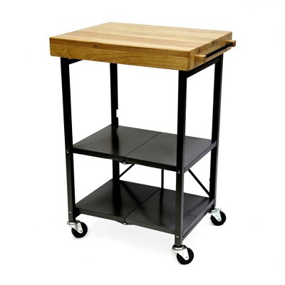 Origami Foldable Wheeled Portable Steel Frame/Solid Wood Top Kitchen Island Bar Cart with Open Shelving and Built In Towel Rack, Black