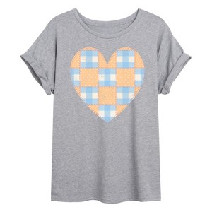 Women's - Instant Message - Patchwork Quilt Heart Oversized Graphic T-Shirt - 1 of 4