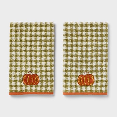 2pk Pumpkin Gingham Harvest Hand Towel Set Olive Green - Room Essentials™
