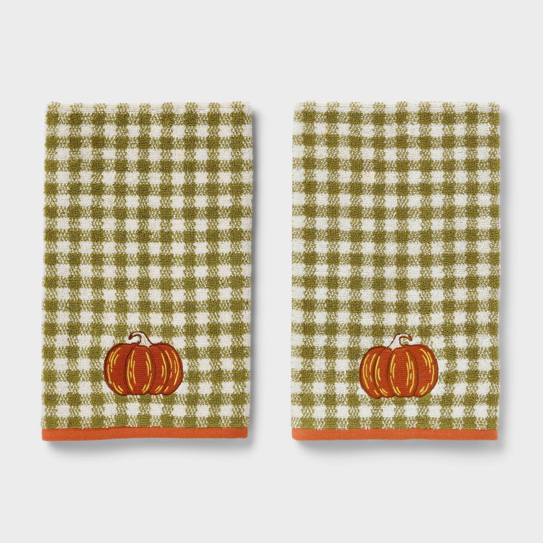 2pk Pumpkin Gingham Harvest Hand Towel Set Olive Green - Room Essentials™