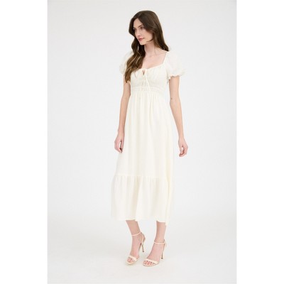 Женские платья August Sky Solid Front Tie Puff Sleeve Ruffle Hem Midi Dress, Ivory, Small — фото 3
