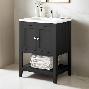 24" Modern Sleek Bathroom Vanity with Elegant Ceramic Sink,Solid Wood and MDF Bathroom Cabinet Frame with Open Bottom Shelf - Leovsnove - 1 of 4