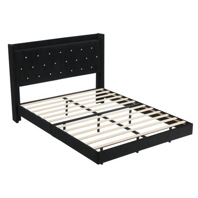 Full Size Floating Bed Frame with Platform Headboard, Modern Platform Bed Frame with LED Light, Wood Slats Support, No Box Spring Needed, Black