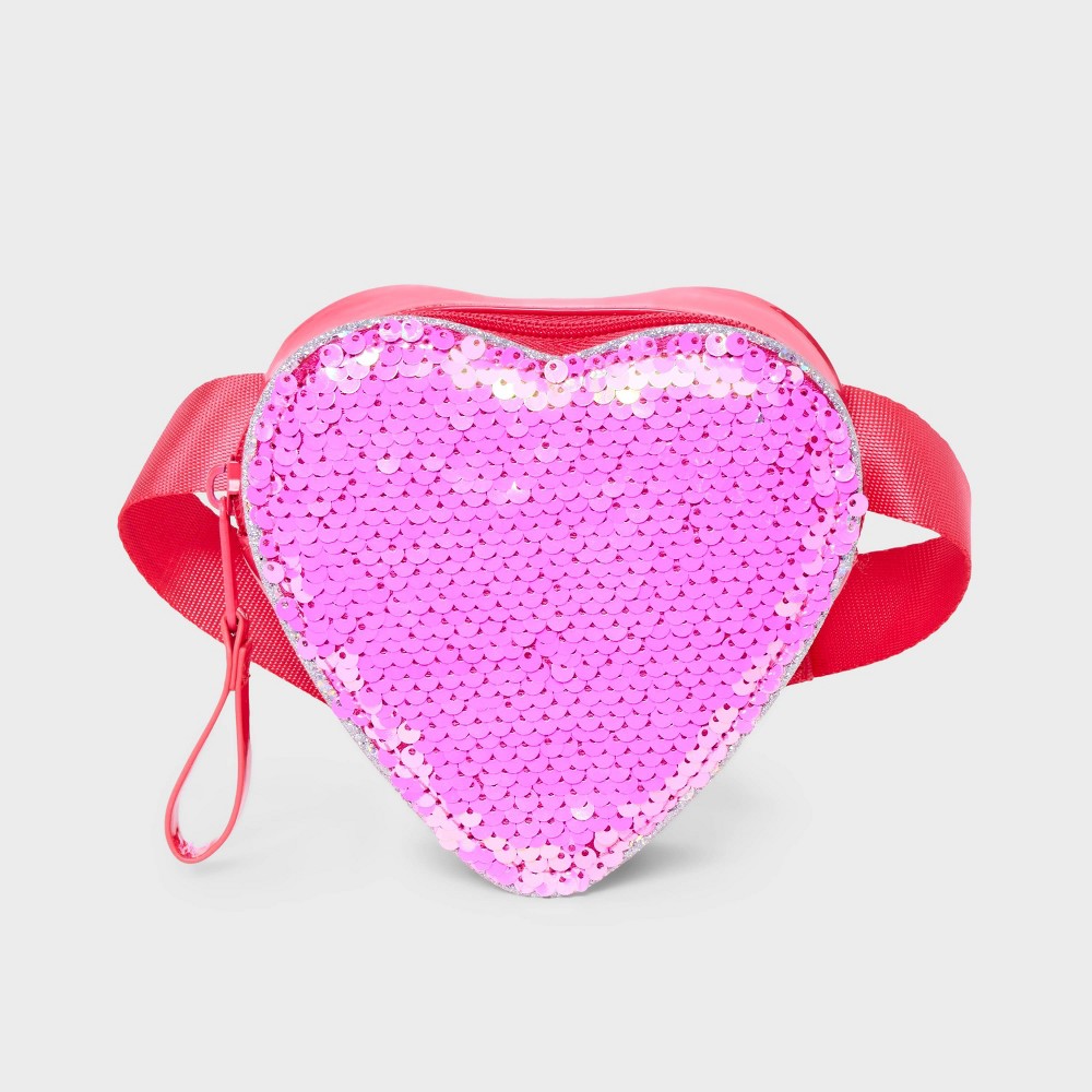 Girls' Heart Shaped Flip Sequin Crossbody Bag - Cat & Jack™ Pink: Adjustable Strap, Faux Patent, Structured