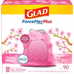 Glad ForceFlexPlus Tall Kitchen Drawstring Pink Trash Bags - Cherry Blossom - 13 Gallon/90ct
