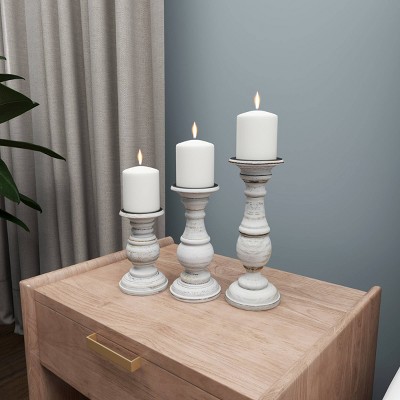 Set of 3 White Distressed Wood Pillar Candle Holders