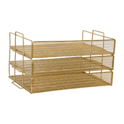 Gold 3-Tier Stackable Steel Mesh Letter Tray Organizer