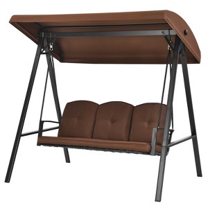 Tangkula 3-Person Patio Swing Seat Outdoor Porch Swing All Weather Hammock w/Adjustable Canopy & Cushions Brown/Gray - 1 of 4
