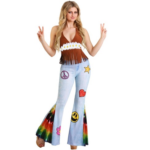 Adult 60s 70s Hippie Groovy Flower Child Bell Bottom Denim Peace Pants  Costume