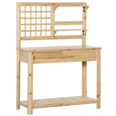 Outsunny Potting Bench Table, Garden Work Bench, Outdoor Wooden Workstation with Tiers of Shelves and Drawer for Patio, Courtyards, Balcony
