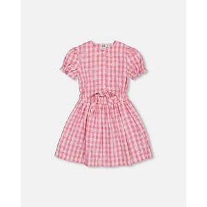 Deux par Deux Girl Puff Sleeve Dress with Waist Tie Pink and White Checks - 1 of 4