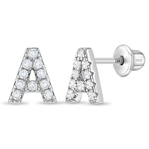 Girl's Cubic Zirconia Letter Initial Screw Back Sterling Silver Earrings - In Season Jewelry - 1 of 4