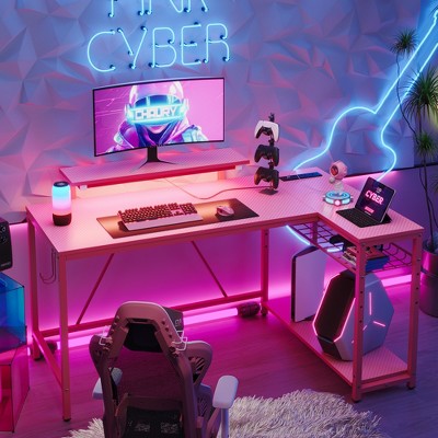 Bestier 52" Gaming Desk with LED Lights L Shaped Desk with Power Outlet & Monitor Stand Corner Computer Desk