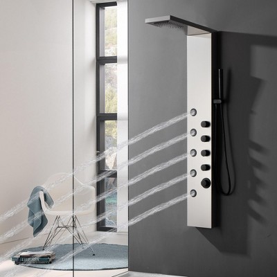 Brushed Nickel 5-Jet Rainfall Shower Panel System with Handheld Wand