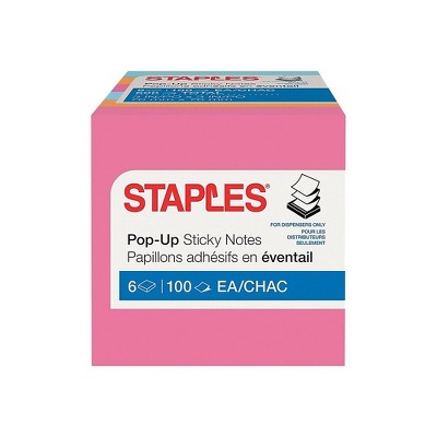 Staples Stickies Pop-up Std Notes 3" x 3" Asst Colors 100 Sh./Pad 6 Pads/PK 565448