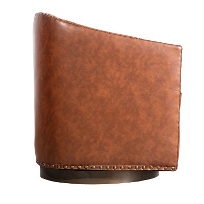 Brown Faux Leather Swivel Barrel Accent Chair with Metal Base