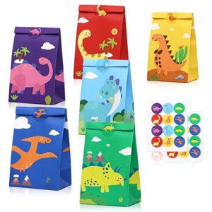 Christmas Dinosaur Goody Bags - 12-Pack Party Favor Treat Bags with 24 Stickers for Holiday Birthday Supplies, Gift Wrapping for Kids - 1 of 3
