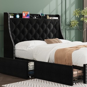 Garvee Bed Frame with 4 Storage Drawers and Wingback Storage Headboard, Charging Station with Type-C & USB Ports(Black/Gray,Full/Queen) - 1 of 4