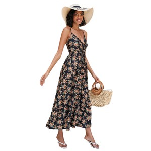 Spaghetti Straps Sundress Summer Causal Dresses for Women Floral Sleeveless Beach Dress V Neck Drawstring High Waist Maxi Dress - 1 of 3