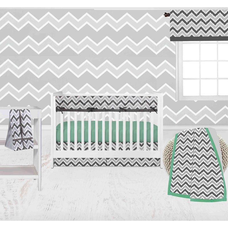 Bacati - Ikat Dots Stripes Mint Grey Neutral 10 pc Crib Set with Long Rail Guard Cover & 4 Muslin Swaddling Blankets, 1 of 10