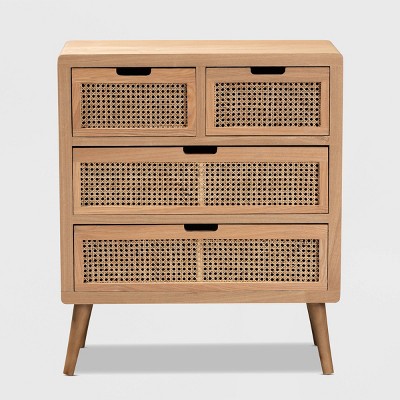 Mid-Century Medium Oak Wood & Rattan 4-Drawer Chest
