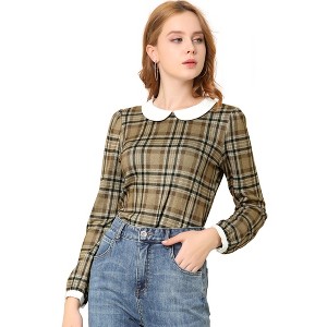 INSPIRE CHIC Women's Peter Pan Collar Contrast Puff Sleeve Plaid Blouse - 1 of 4