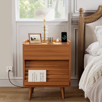 WOWLIVE Wooden Nightstand with 2 Drawers, Modern Bedside Table with Outlets & LED Lights, File Cabinet