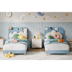 2PCS Twin Bed Frames, Upholstered Platform Bed Frame with Bookcase Headboard, Velvet Platform Bed Mattress Foundation, Heavy Duty Steel Support Legs - 1 of 4